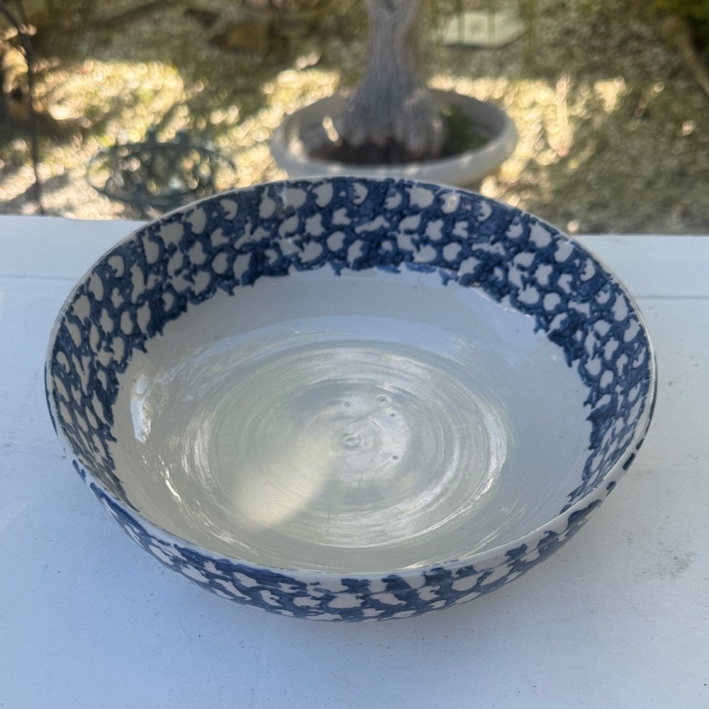 Vintage Blue Spongeware Stoneware Bowl 10.5" Mixing Serving Farmhouse Rustic